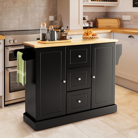 Large Mobile Kitchen Island Cart with 2 Doors, 3 Spacious Drawers, and Hidden Wheels in Black