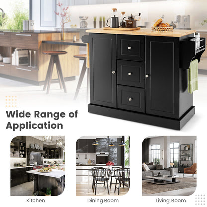 Large Mobile Kitchen Island Cart with 2 Doors, 3 Spacious Drawers, and Hidden Wheels in Black