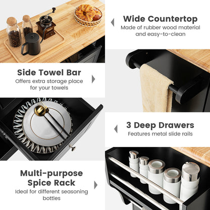 Large Mobile Kitchen Island Cart with 2 Doors, 3 Spacious Drawers, and Hidden Wheels in Black