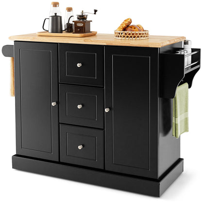 Large Mobile Kitchen Island Cart with 2 Doors, 3 Spacious Drawers, and Hidden Wheels in Black