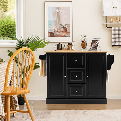 Large Mobile Kitchen Island Cart with 2 Doors, 3 Spacious Drawers, and Hidden Wheels in Black