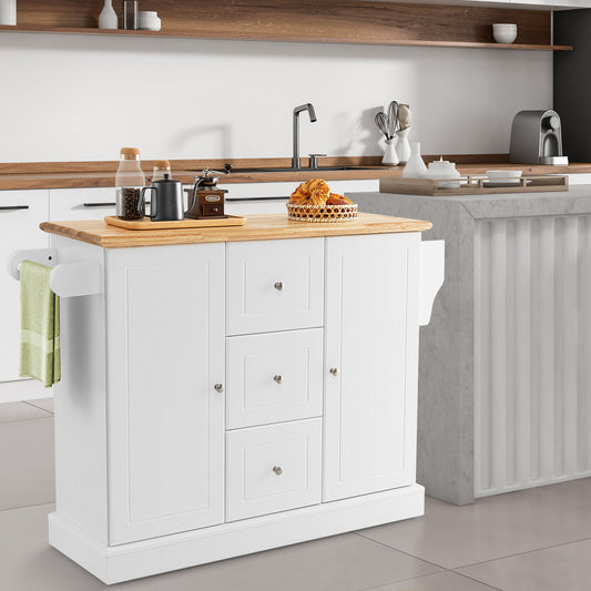 Large Mobile Kitchen Island Cart with 2 Doors, 3 Spacious Drawers, and Hidden Wheels in White