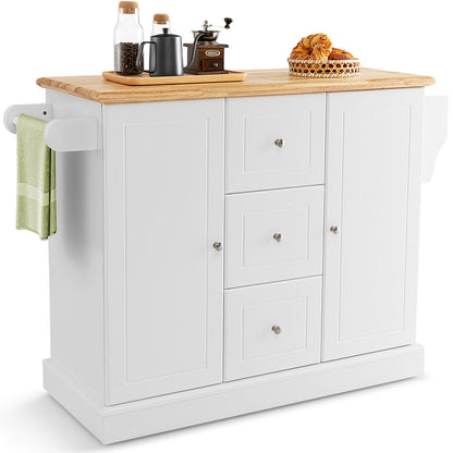 Large Mobile Kitchen Island Cart with 2 Doors, 3 Spacious Drawers, and Hidden Wheels in White