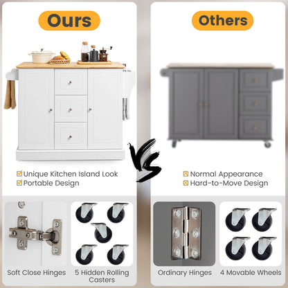Large Mobile Kitchen Island Cart with 2 Doors, 3 Spacious Drawers, and Hidden Wheels in White