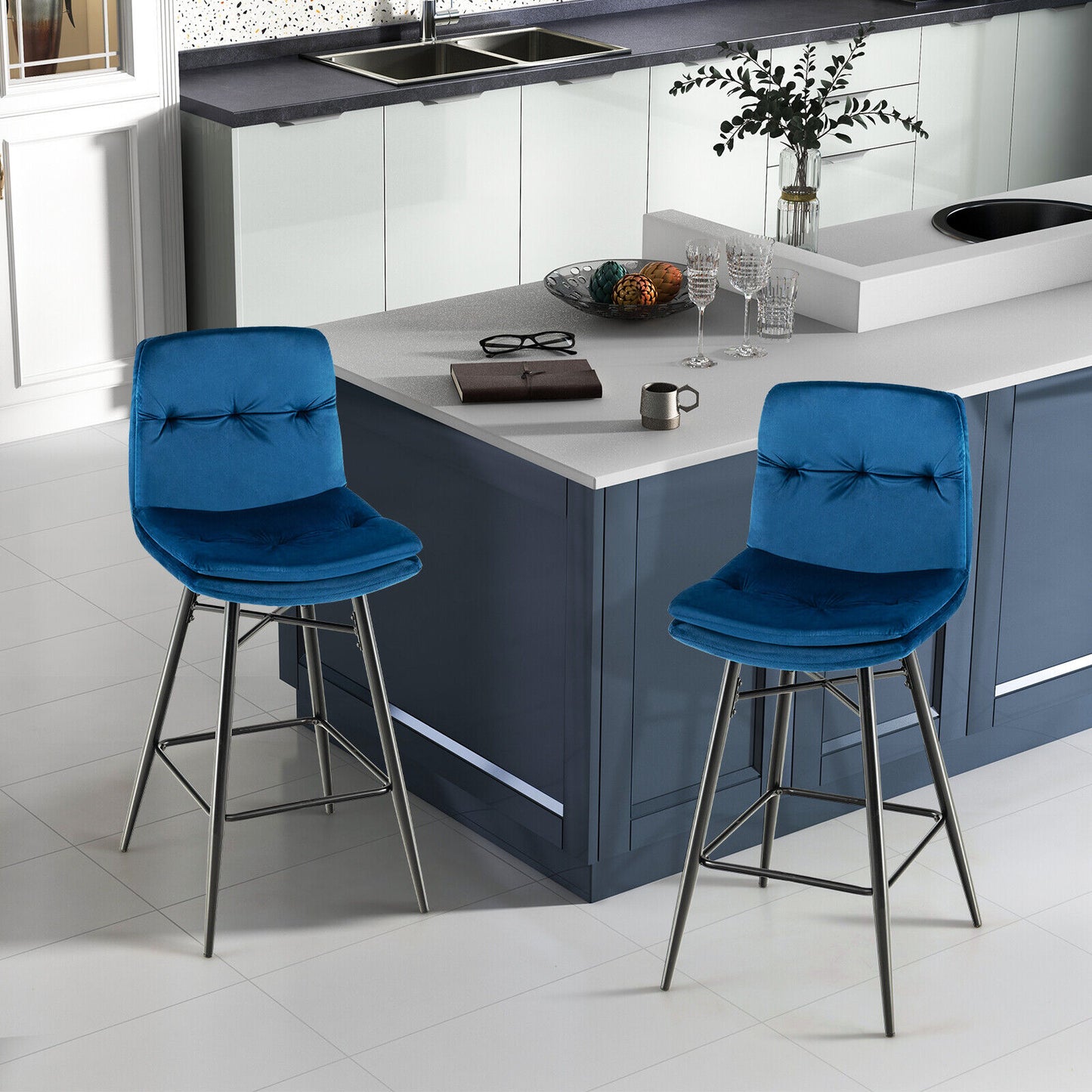 29 Inch Velvet Bar Stools Set of 2 with Curved Tufted Back and Metal Footrests in Blue