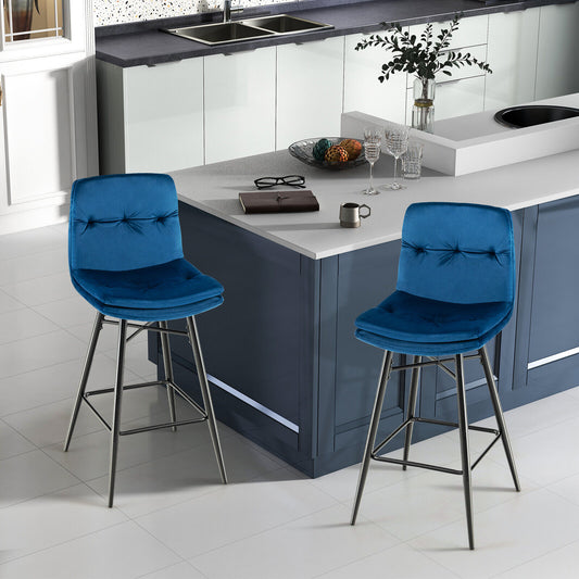29 Inch Velvet Bar Stools Set of 2 with Curved Tufted Back and Metal Footrests in Blue