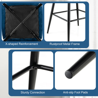 29 Inch Velvet Bar Stools Set of 2 with Curved Tufted Back and Metal Footrests in Blue