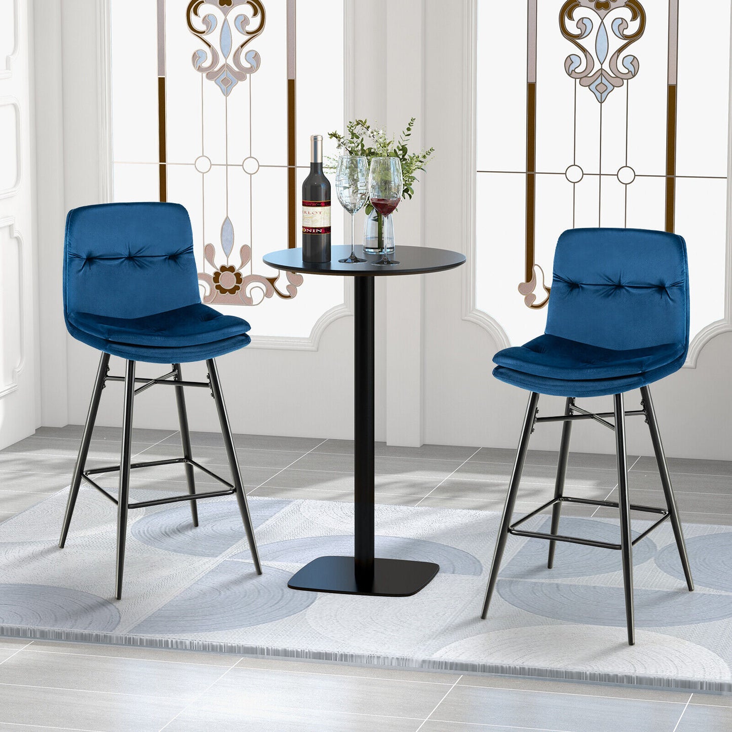 29 Inch Velvet Bar Stools Set of 2 with Curved Tufted Back and Metal Footrests in Blue