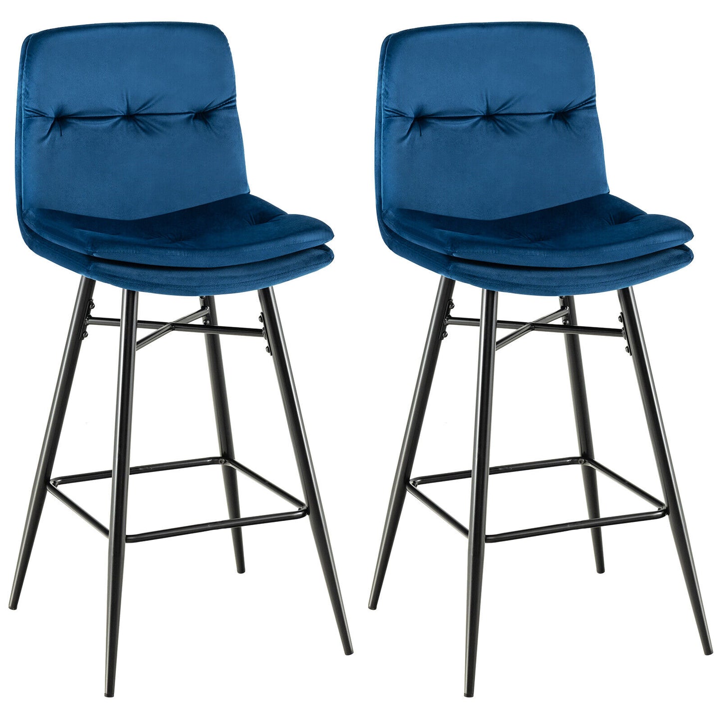 29 Inch Velvet Bar Stools Set of 2 with Curved Tufted Back and Metal Footrests in Blue