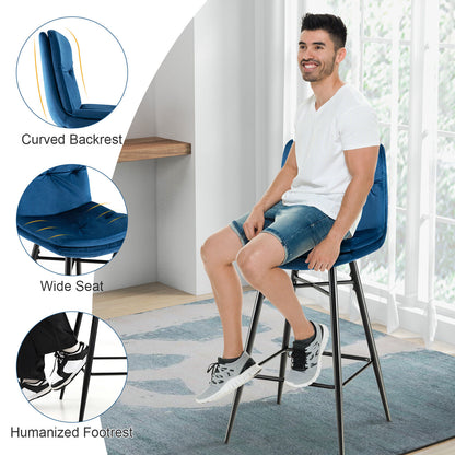 29 Inch Velvet Bar Stools Set of 2 with Curved Tufted Back and Metal Footrests in Blue