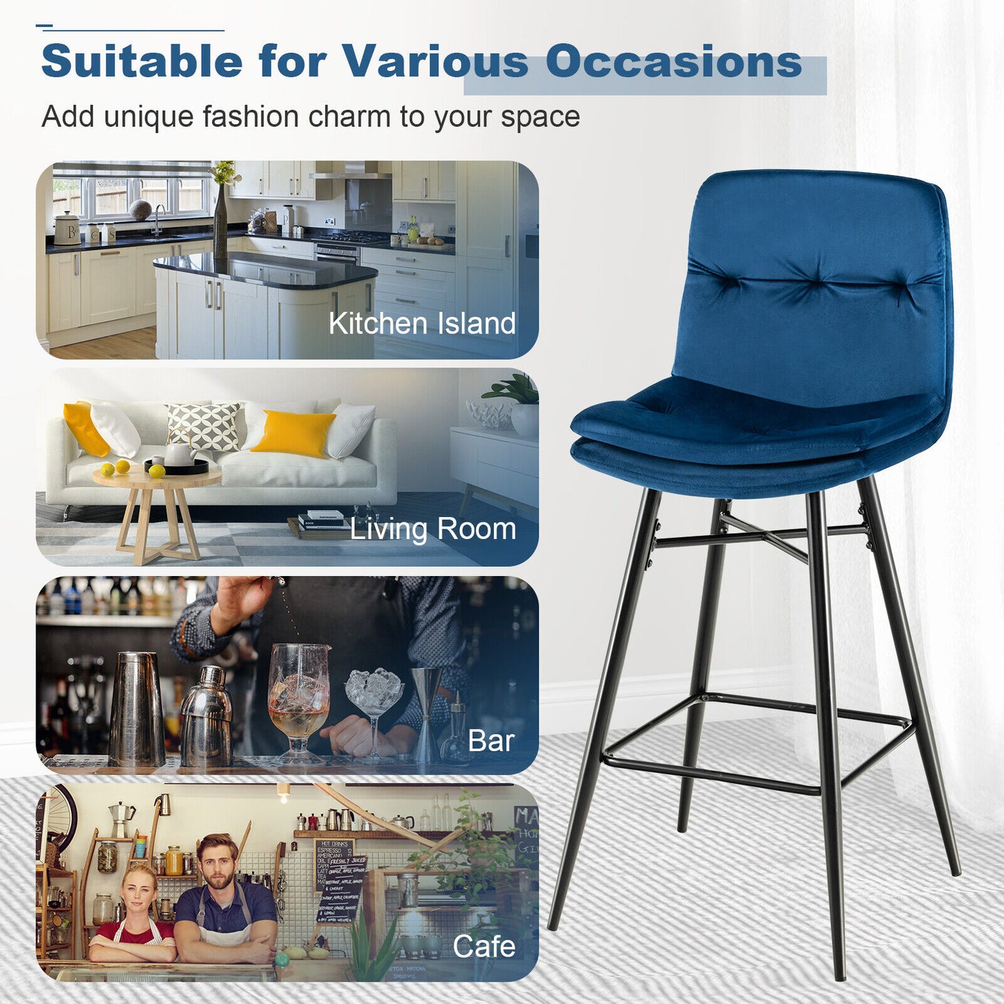 29 Inch Velvet Bar Stools Set of 2 with Curved Tufted Back and Metal Footrests in Blue