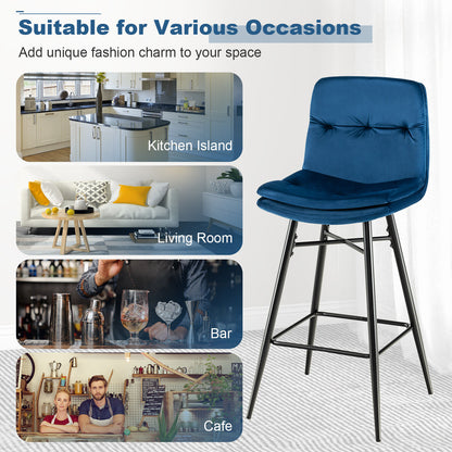 29 Inch Velvet Bar Stools Set of 2 with Curved Tufted Back and Metal Footrests in Blue