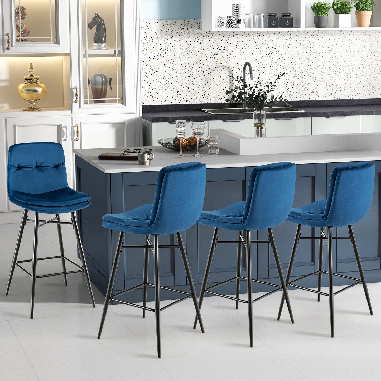 29 Inch Velvet Bar Stools Set of 2 with Curved Tufted Back and Metal Footrests in Blue