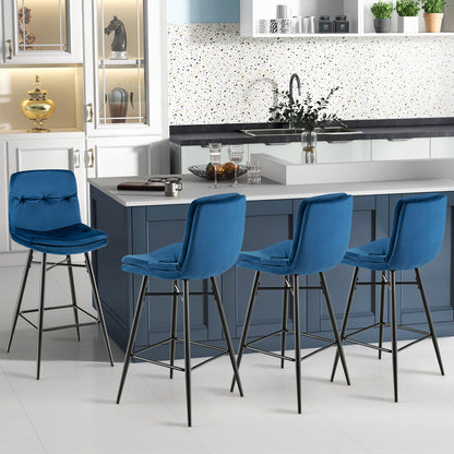 29 Inch Velvet Bar Stools Set of 2 with Curved Tufted Back and Metal Footrests in Blue