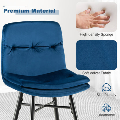 29 Inch Velvet Bar Stools Set of 2 with Curved Tufted Back and Metal Footrests in Blue
