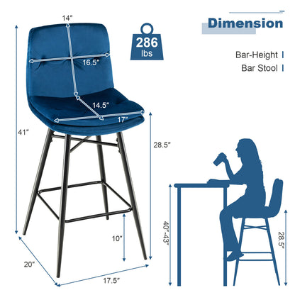 29 Inch Velvet Bar Stools Set of 2 with Curved Tufted Back and Metal Footrests in Blue