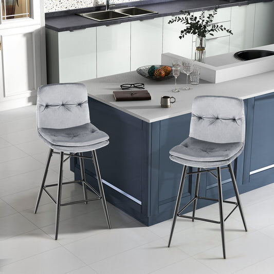 29 Inch Velvet Bar Stools Set of 2 with Curved Tufted Back and Metal Footrests in Grey