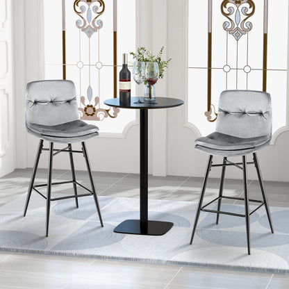 29 Inch Velvet Bar Stools Set of 2 with Curved Tufted Back and Metal Footrests in Grey