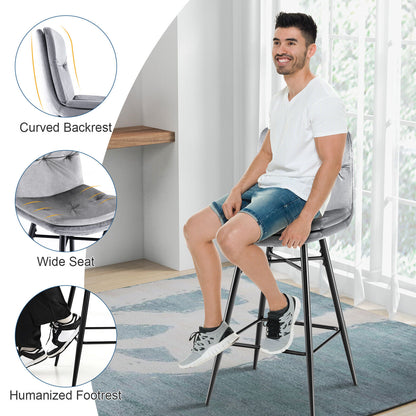 29 Inch Velvet Bar Stools Set of 2 with Curved Tufted Back and Metal Footrests in Grey