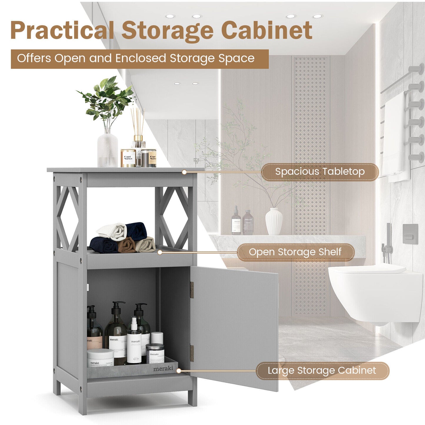 Stylish Bathroom Floor Cabinet with Open Shelf & Single Door Storage