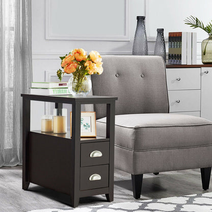 Set of 2 Modern Wooden End Tables with Storage Shelf and Drawers Dark Brown