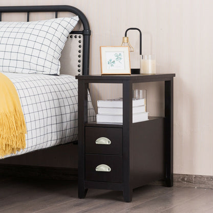 Set of 2 Modern Wooden End Tables with Storage Shelf and Drawers Dark Brown