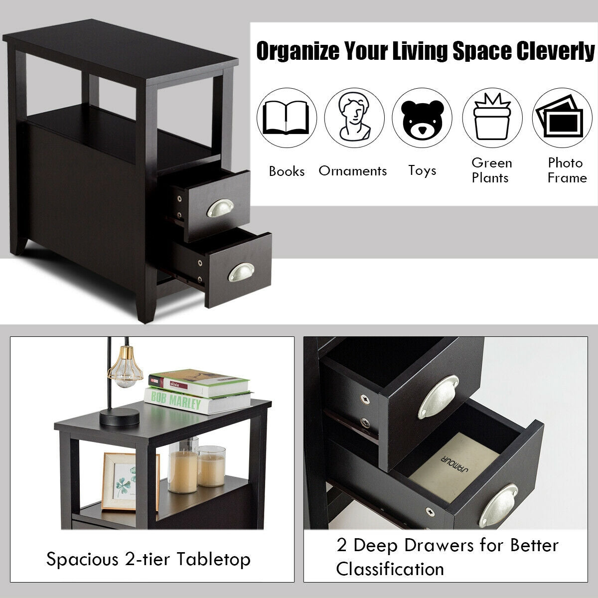 Set of 2 Modern Wooden End Tables with Storage Shelf and Drawers Dark Brown