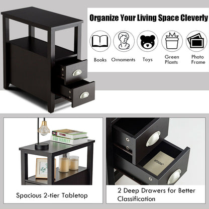 Set of 2 Modern Wooden End Tables with Storage Shelf and Drawers Dark Brown