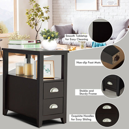 Set of 2 Modern Wooden End Tables with Storage Shelf and Drawers Dark Brown
