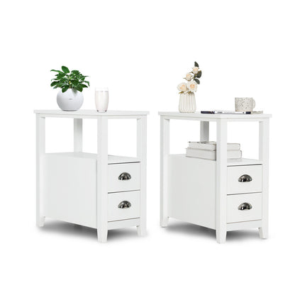 Set of 2 Modern Wooden End Tables with Storage Shelf and Drawers White