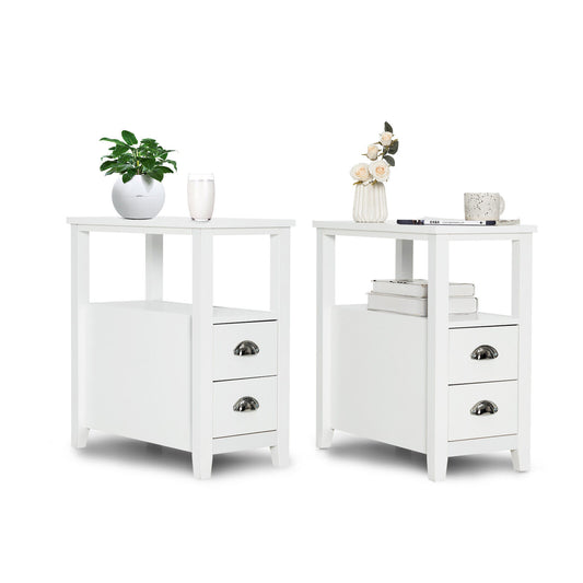 Set of 2 Modern Wooden End Tables with Storage Shelf and Drawers White