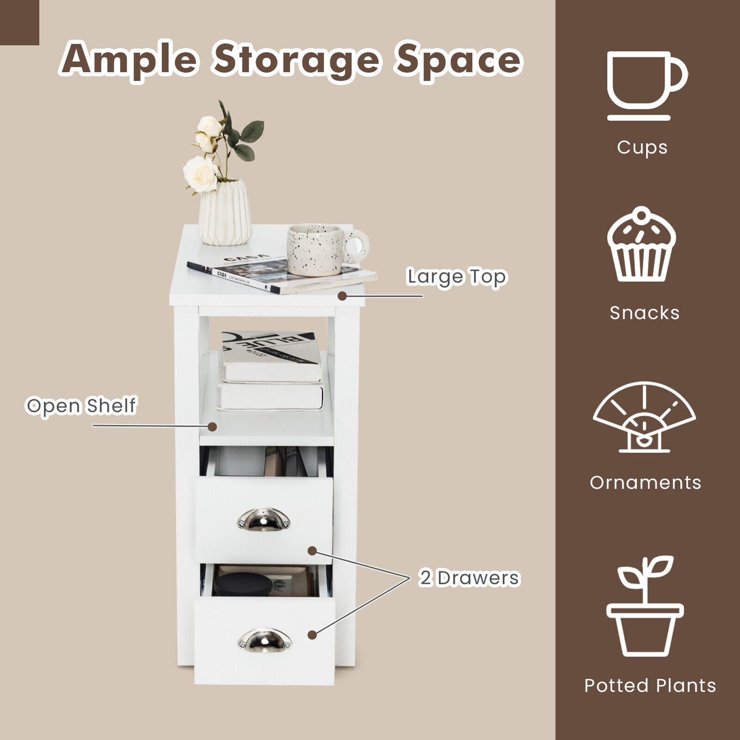 Set of 2 Modern Wooden End Tables with Storage Shelf and Drawers White