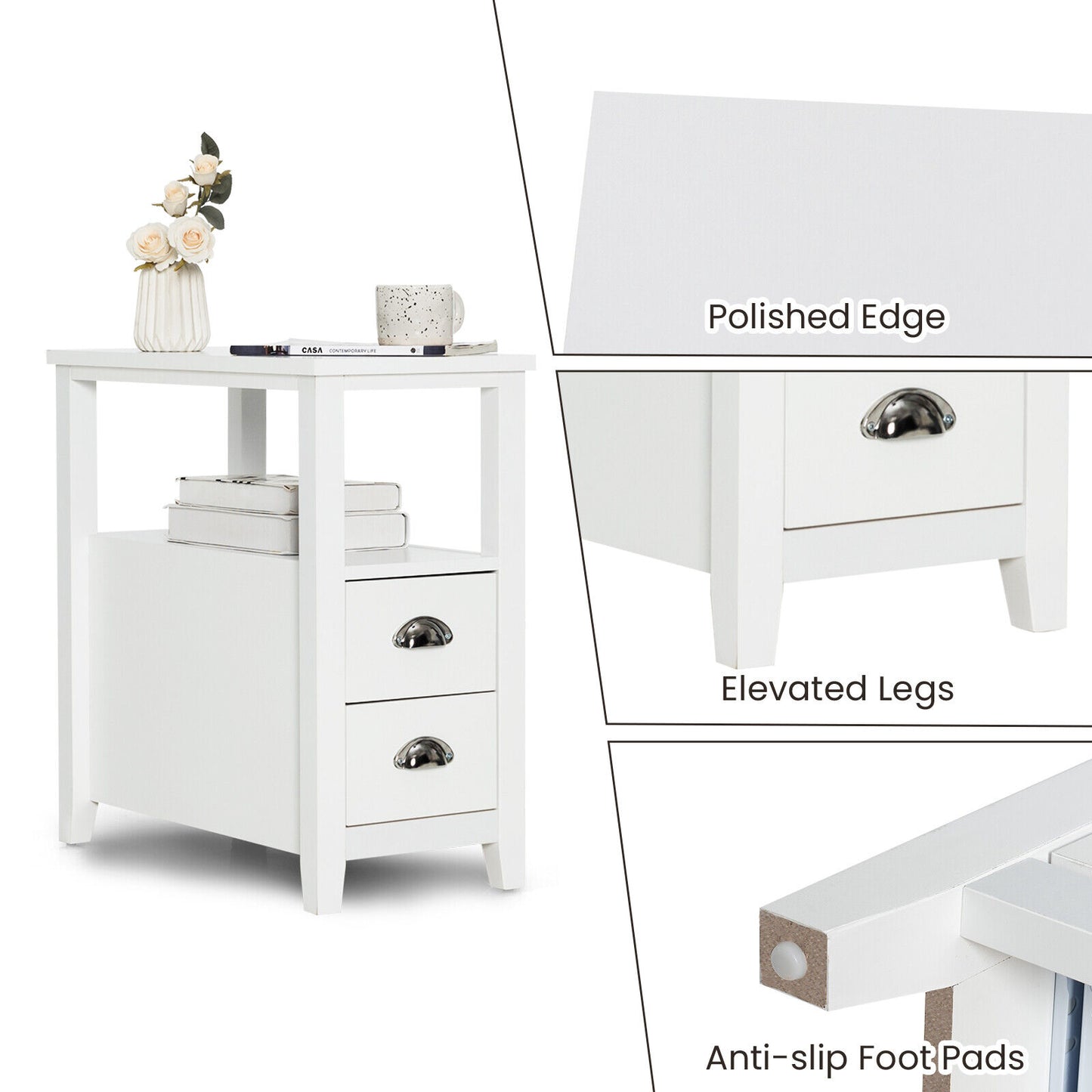 Set of 2 Modern Wooden End Tables with Storage Shelf and Drawers White