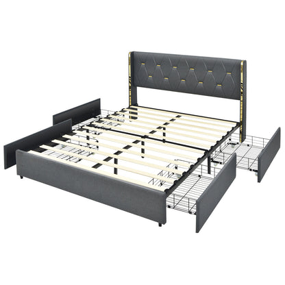 Modern Upholstered Platform Bed Frame with Tufted Headboard & 4 Storage Drawers – Full/Queen Size