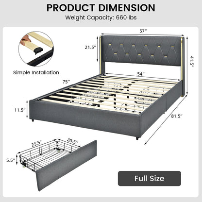 Modern Upholstered Platform Bed Frame with Tufted Headboard & 4 Storage Drawers – Full/Queen Size