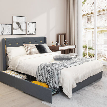 Modern Upholstered Platform Bed Frame with Tufted Headboard & 4 Storage Drawers – Full/Queen Size