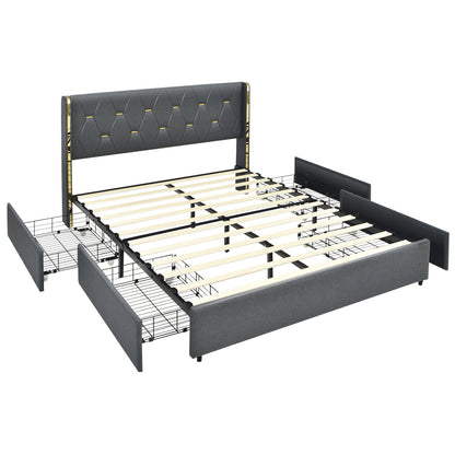 Modern Upholstered Platform Bed Frame with Tufted Headboard & 4 Storage Drawers – Full/Queen Size
