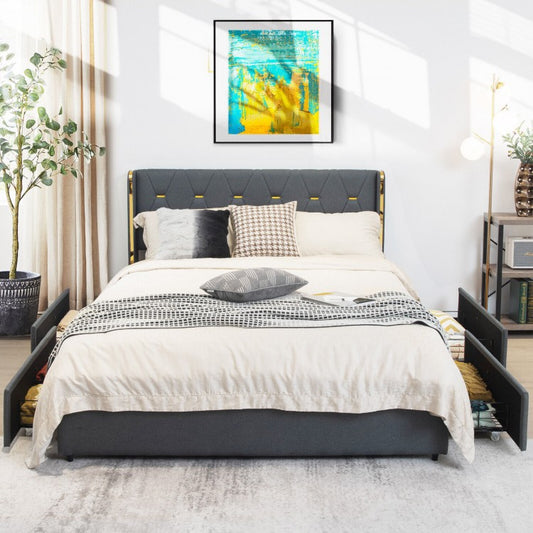 Modern Upholstered Platform Bed Frame with Tufted Headboard & 4 Storage Drawers – Full/Queen Size