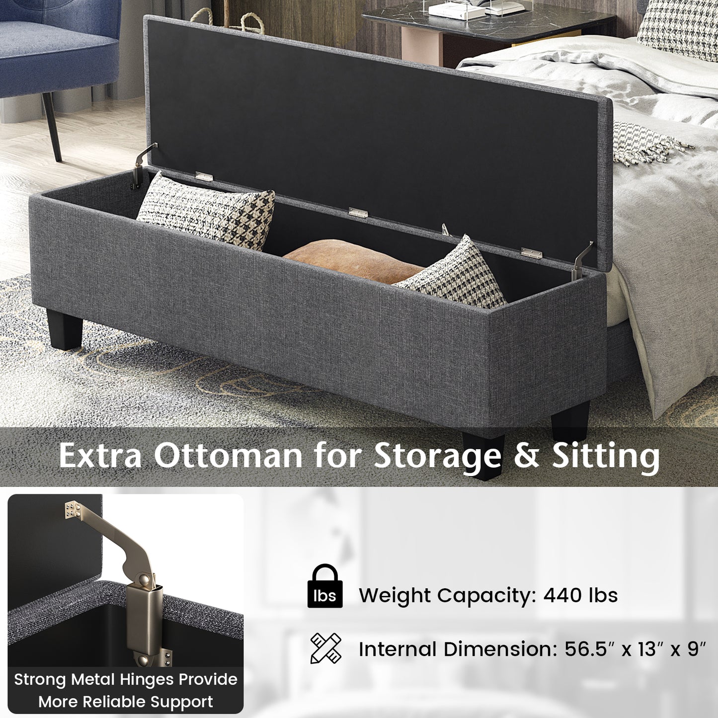 Upholstered Bed Frame with Ottoman Storage – Full Size