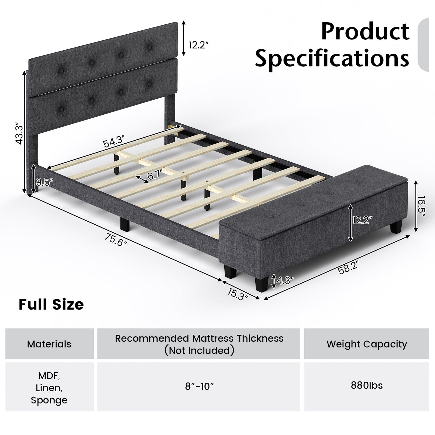 Upholstered Bed Frame with Ottoman Storage – Full Size