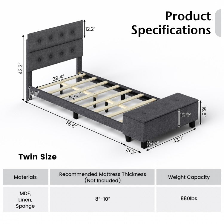 Upholstered Bed Frame with Ottoman Storage – Twin Size