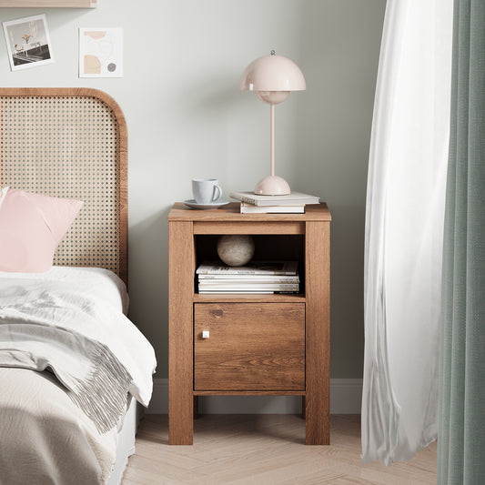 Space Saving Farmhouse Style Nightstand with Storage Cabinet and Shelf - Rustic Brown