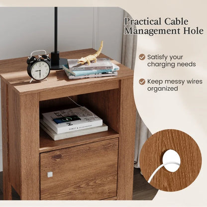 Space Saving Farmhouse Style Nightstand with Storage Cabinet and Shelf - Rustic Brown