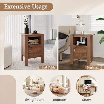 Space Saving Farmhouse Style Nightstand with Storage Cabinet and Shelf - Rustic Brown