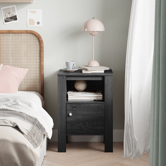 Space Saving Farmhouse Style Nightstand with Storage Cabinet and Shelf - Dark Grey