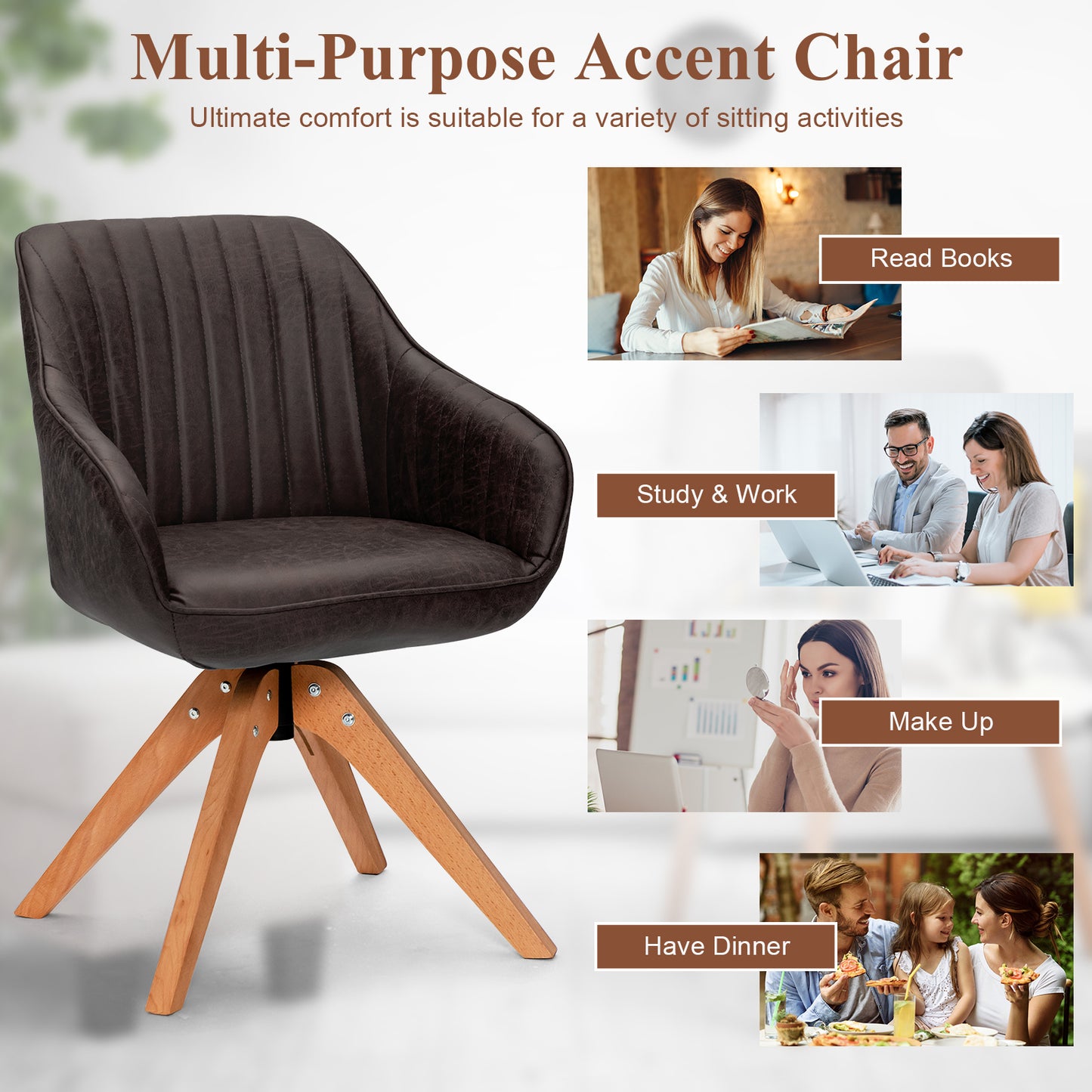 Modern Mid-Century Swivel Chair with PU Leather and Wooden Base