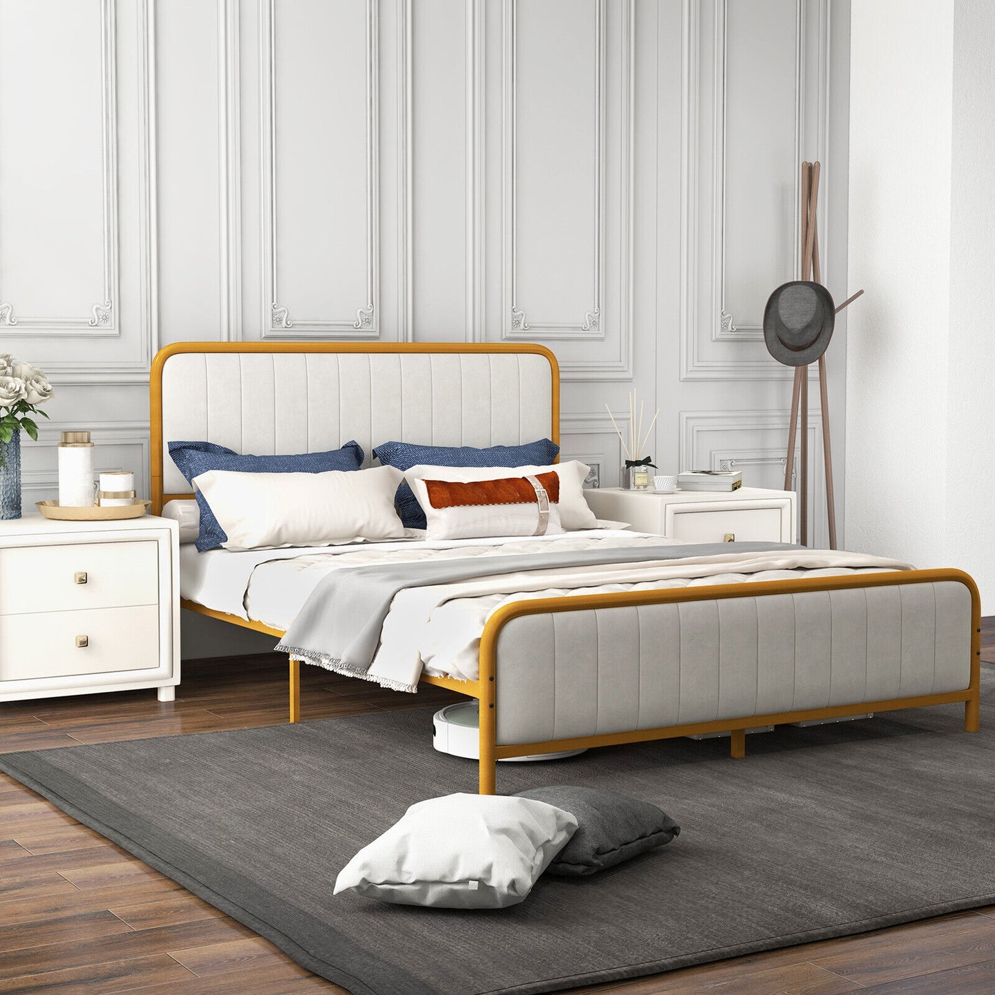 Premium Gold Upholstered Platform Bed Frame with Luxurious Velvet Headboard – Queen Size