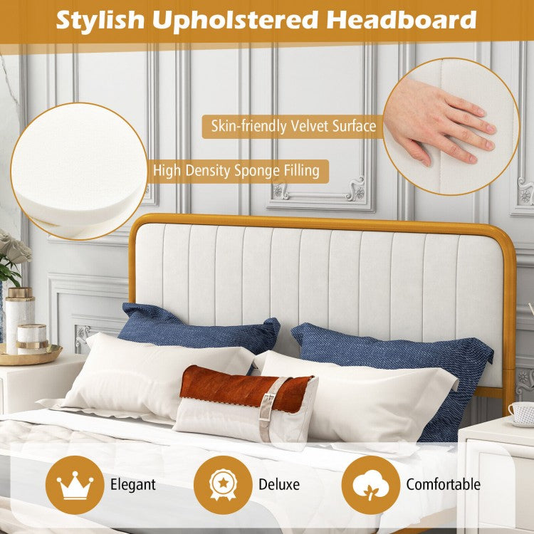 Premium Gold Upholstered Platform Bed Frame with Luxurious Velvet Headboard – Queen Size