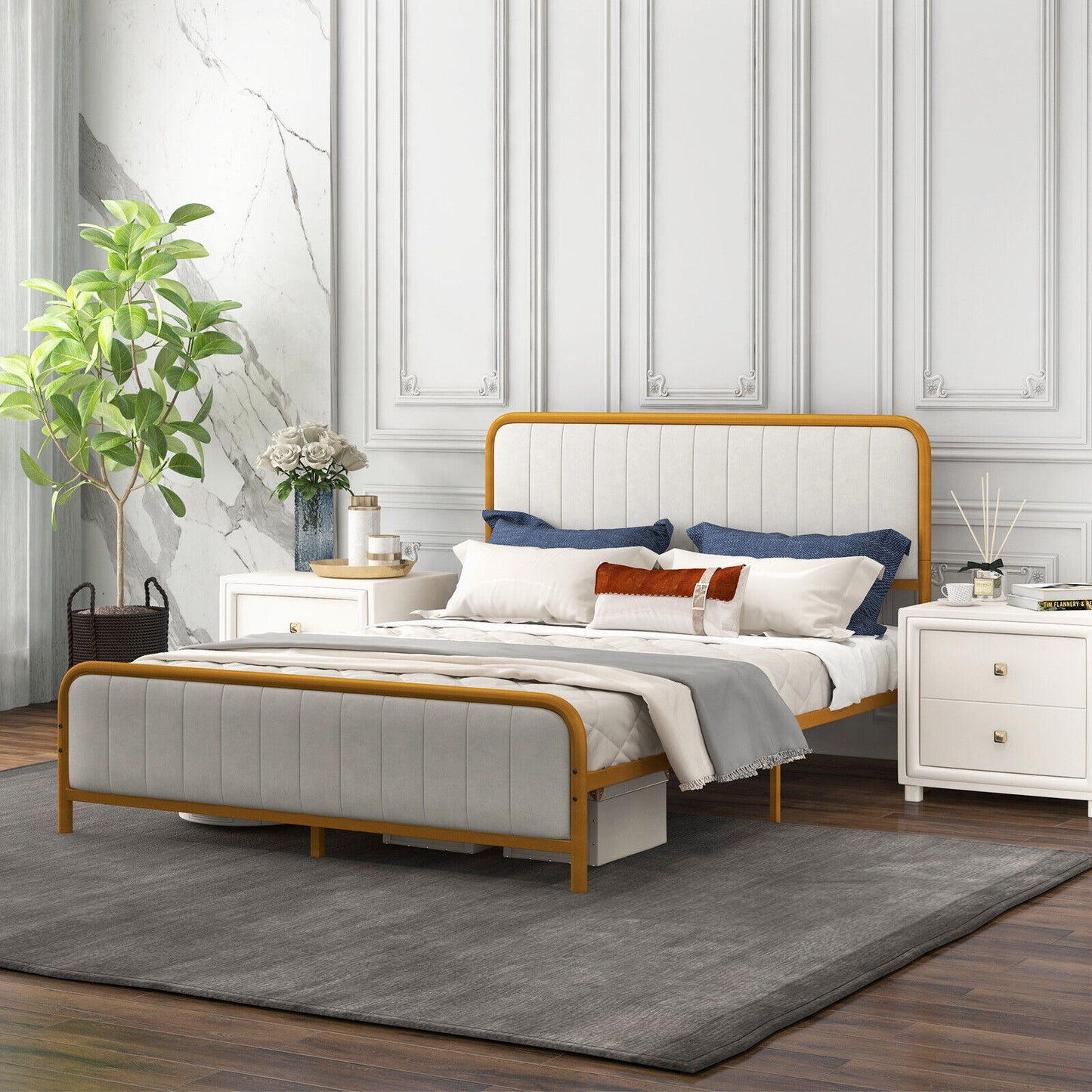 Premium Gold Upholstered Platform Bed Frame with Luxurious Velvet Headboard – Queen Size