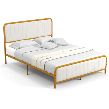 Premium Gold Upholstered Platform Bed Frame with Luxurious Velvet Headboard – Queen Size